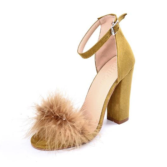 Women Summer High Heel with Fur Fashion Chunky Heel Sandals