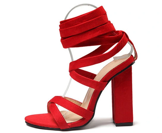 Sexy Block High Heel Lace-up Sandals Red Khaki Fashion Women Shoes