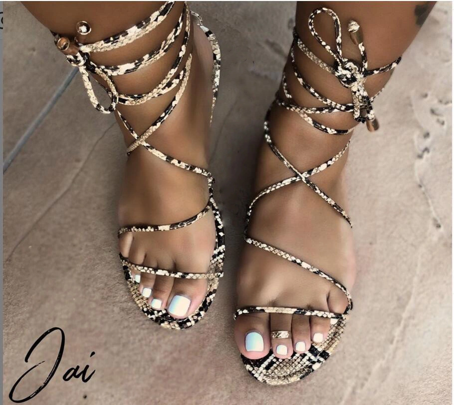 2020 New Flat Sandals Snake Lace up Slippers Fashion Light Slides Sandals for Women