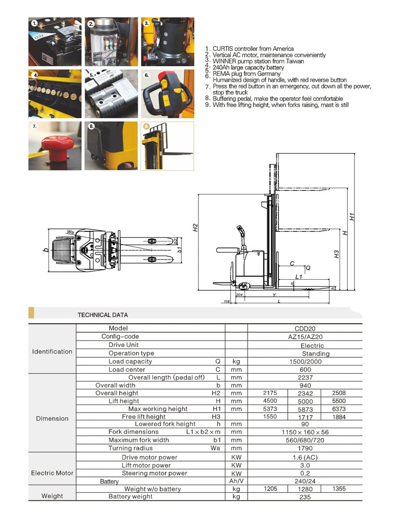 Electric Stacker, 1.5t 2t Electric Forklift, Lifting 4500mm, 5000mm Stacker with EPS