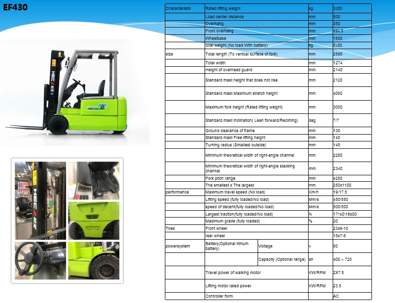 Ef430 3t 3000mm-6000mm Dual-Driving Battery Counterbalance Forklift with Optional Side Shifter