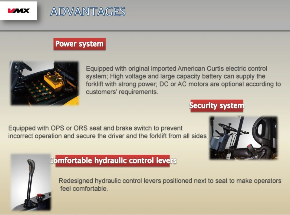 Vmax Factory 4 Wheel 48 Volt Curtis Electric Forklift Battery Powered Electric Forklift 2000 Kg