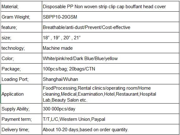 China Factory Manufacture Disposable PP/SMS Nonwoven Medical/Beauty Solon/Food Processing Protective Health Strip Cap