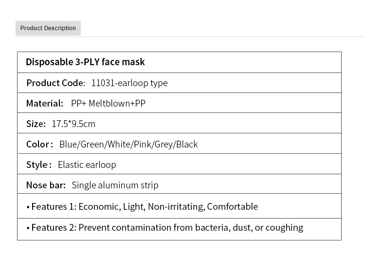 Dustproof Disposable 3 Layer Face Mask Nonwoven Polypropylene Meltblown