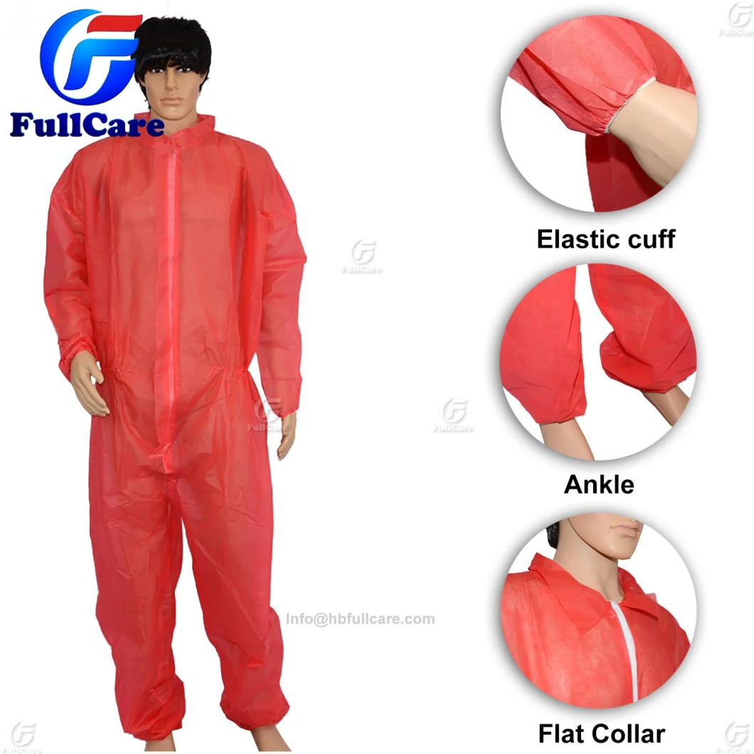 Disposable Red Nonwoven PP/PP+PE/SMS/Microporous Coverall Flat Collar