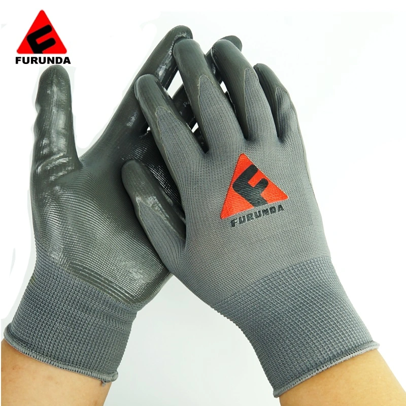 Economy Gray Polyester Nylon Gray Flat Smooth Nitrile Coated Work Gloves Oil Resistant Working Gloves