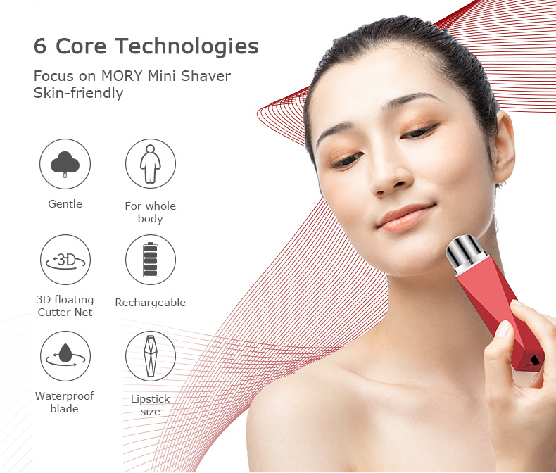 Mory Facial Hair Remover Razor Waterproof Rechargeable Face Lipstick Size Lady Electric Waterproof Body Shaver Electric