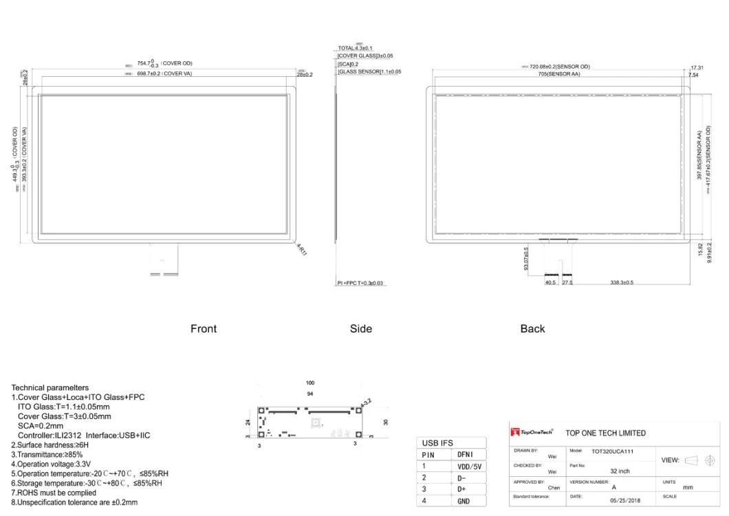 32 Inch for Optical Bonding Open Frame Capacitance Multiple Touch Screen Components