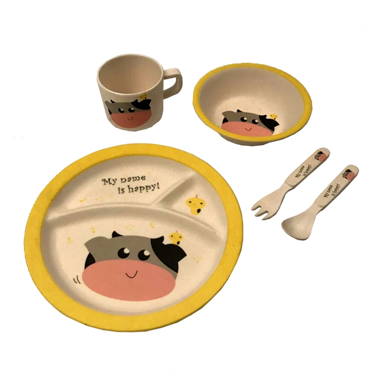 Amazon Children Tableware Lovely Bamboo Fiber Baby Dinnerware Set 5 PCS Bamboo Kids Dinner Sets (SHIKECORE)
