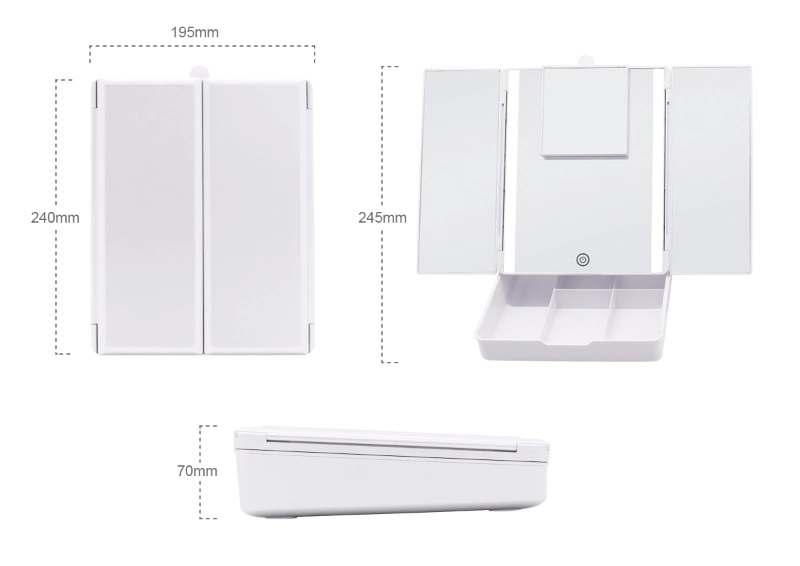 Dimmable Square Tabletop 7X LED Vanity Mirror with Organizers for Makeup