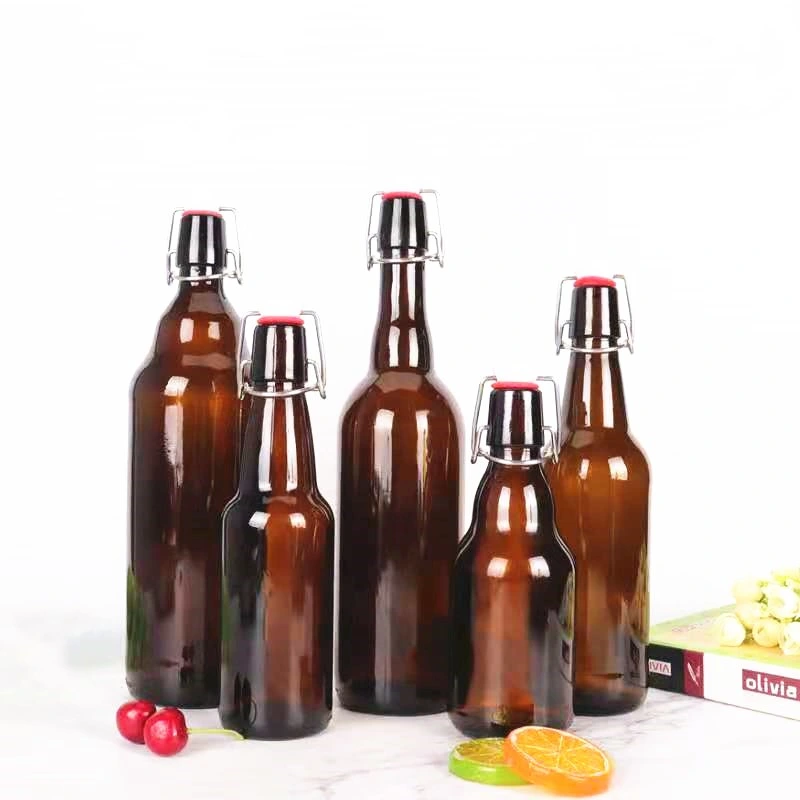 Home Brewing Glass Beer Bottle with Easy Wire Swing Top Airtight Rubber Seal Amber 330ml 500ml 650ml 1000ml Amber Glass Bottle