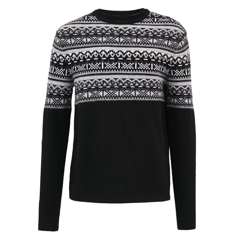 Vintage Style Black & Grey Men's Jacquard Knitted Pattern Round Neck Knitwear