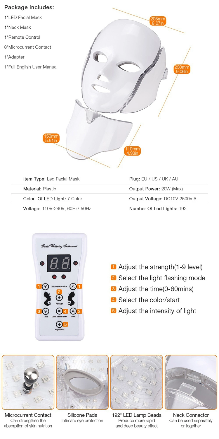 Face Mask with 7 Color LED Light Therapy Acne Treatment Photon Skin Rejuvenation Facial Mask