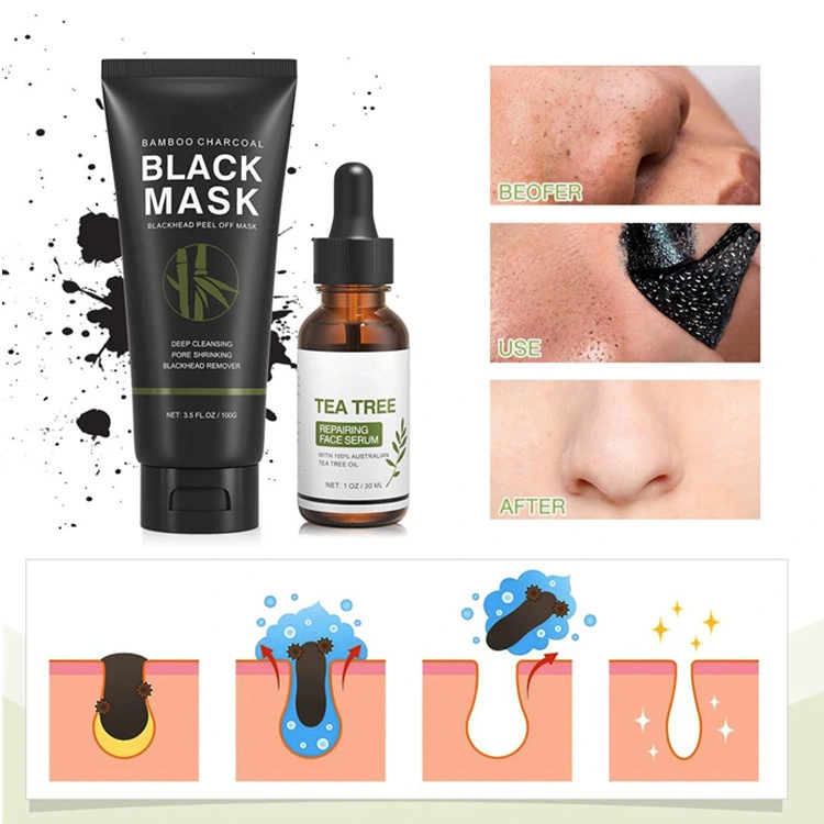 OEM Deep Cleansing Blackhead Peel off Charcoal Face Mask with 3-in-1 Blackhead Remover Mask with Brush & Tea Tree Serum