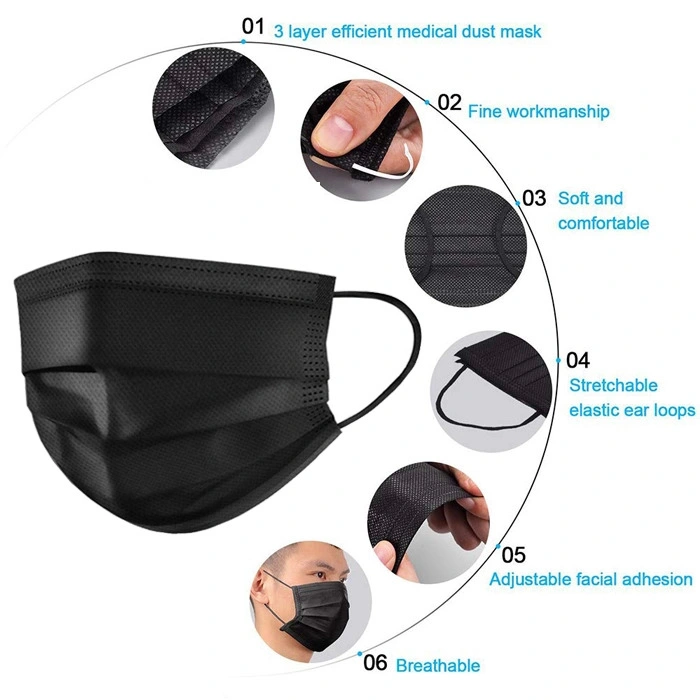 Factory Antibacterial Non-Woven 3ply Protective Safety Disposable Black Mask