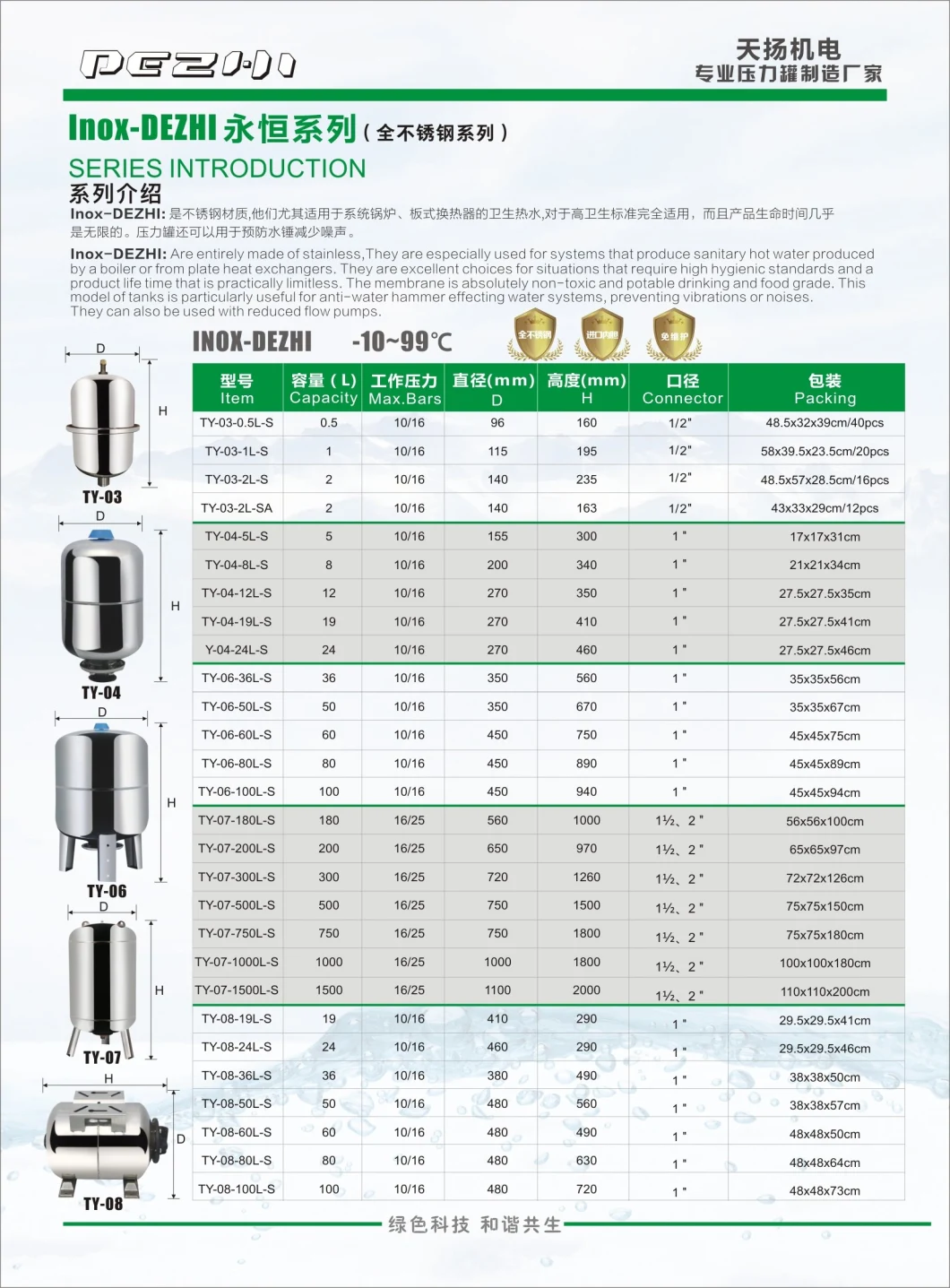 Stainless Steel HVAC Systems Expansion Tanks--10 Bar Rated