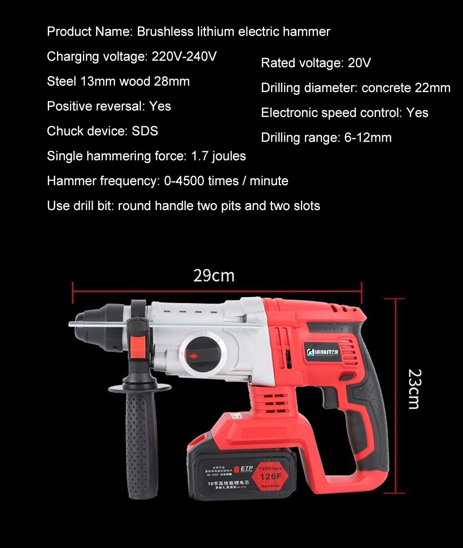 Electric Drill 3 Function 21V Cordless Lithium Battery High Power Brushless Electric Hammer Drill