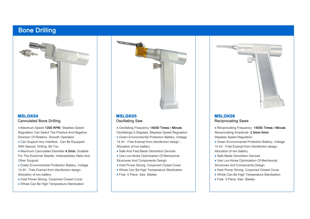 Electric Bone Drilling 1200 Rpm Orthopedic Surgical Instruments Mslgk02 / Electric Drill Orthopedic Machine with Two Batteries