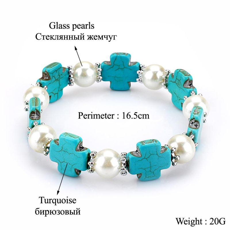 Handmade Cross Shape Turquoise Bead Pearl Bracelet