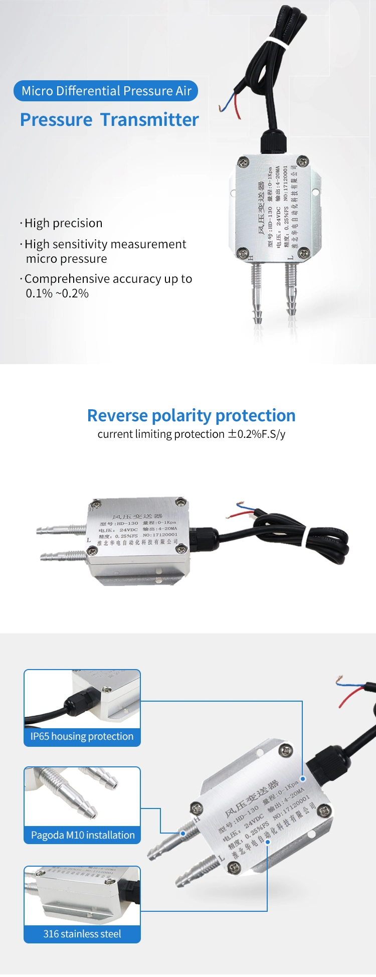 Micro RS485 Differential Air Pressure Transducer 4-20mA Pressure Sensor for Gas