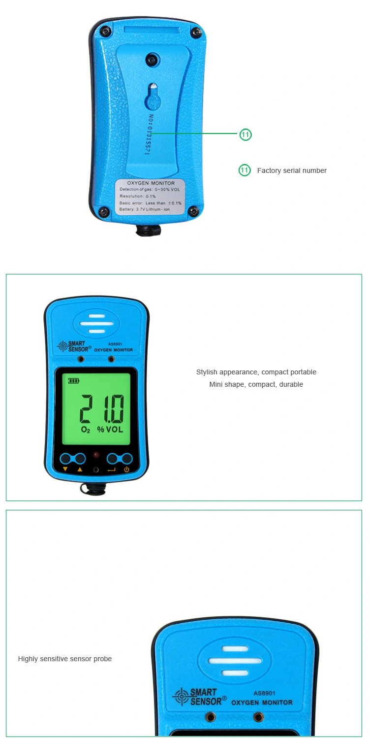 Smart Sensor Handheld Precision O2 Concentration Meter High Low Alarm Setting Digital Oxygen Gas Detector As8901