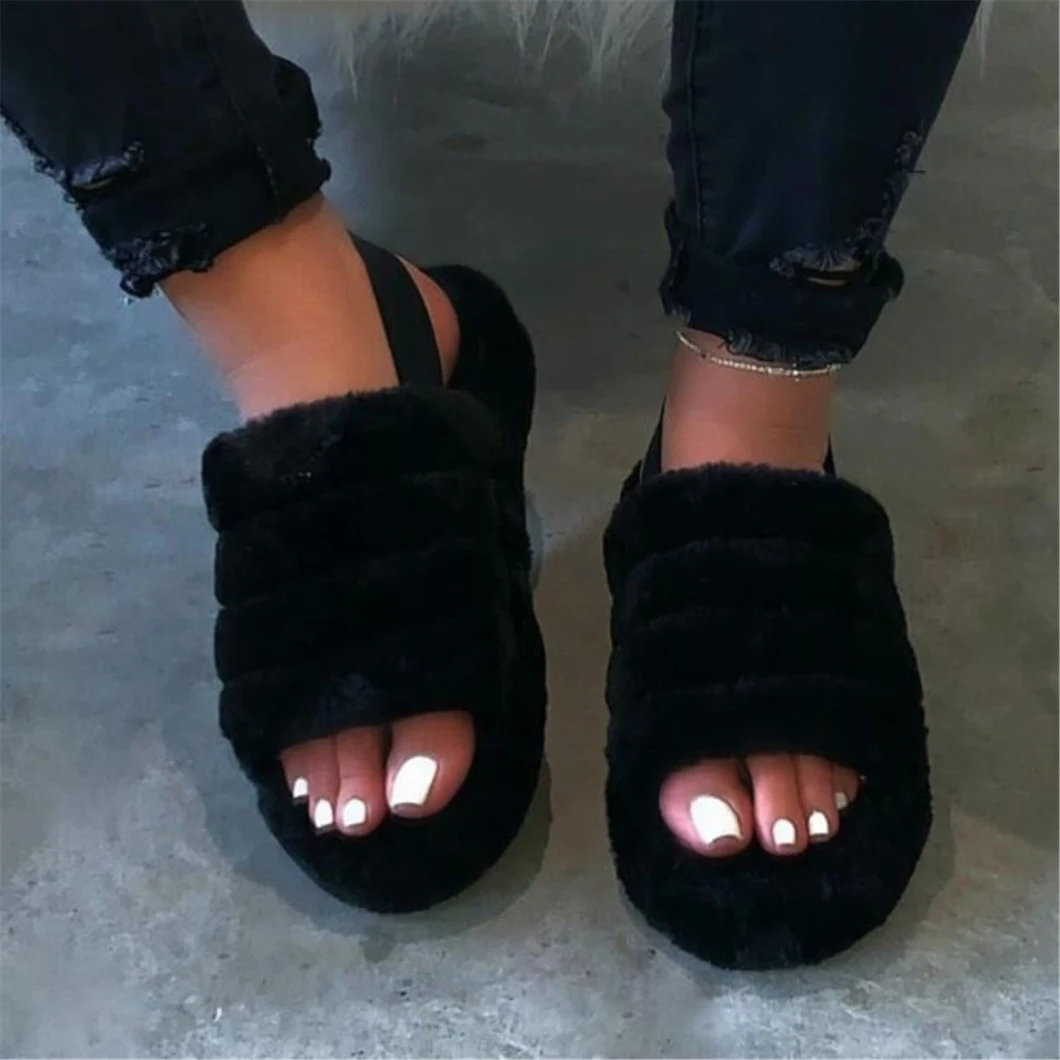 Wholesale Fur Slippers with Ankle Elastic Band Open Toe Winter Sandal