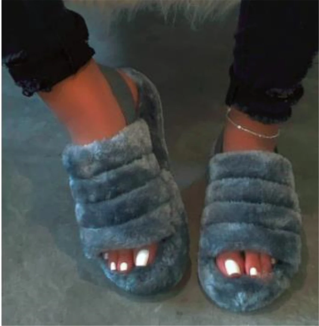 Wholesale Fur Slippers with Ankle Elastic Band Open Toe Winter Sandal