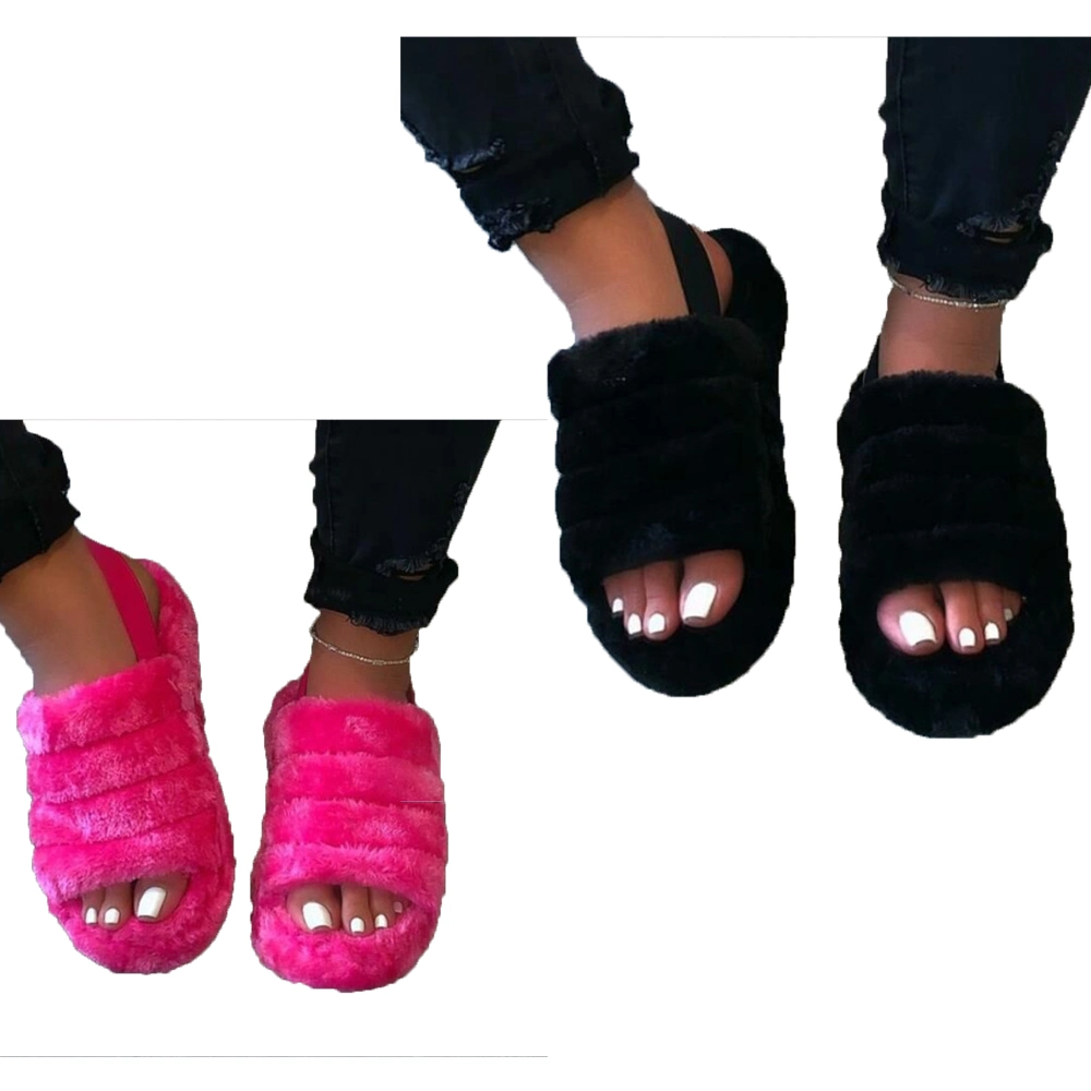 Wholesale Fur Slippers with Ankle Elastic Band Open Toe Winter Sandal