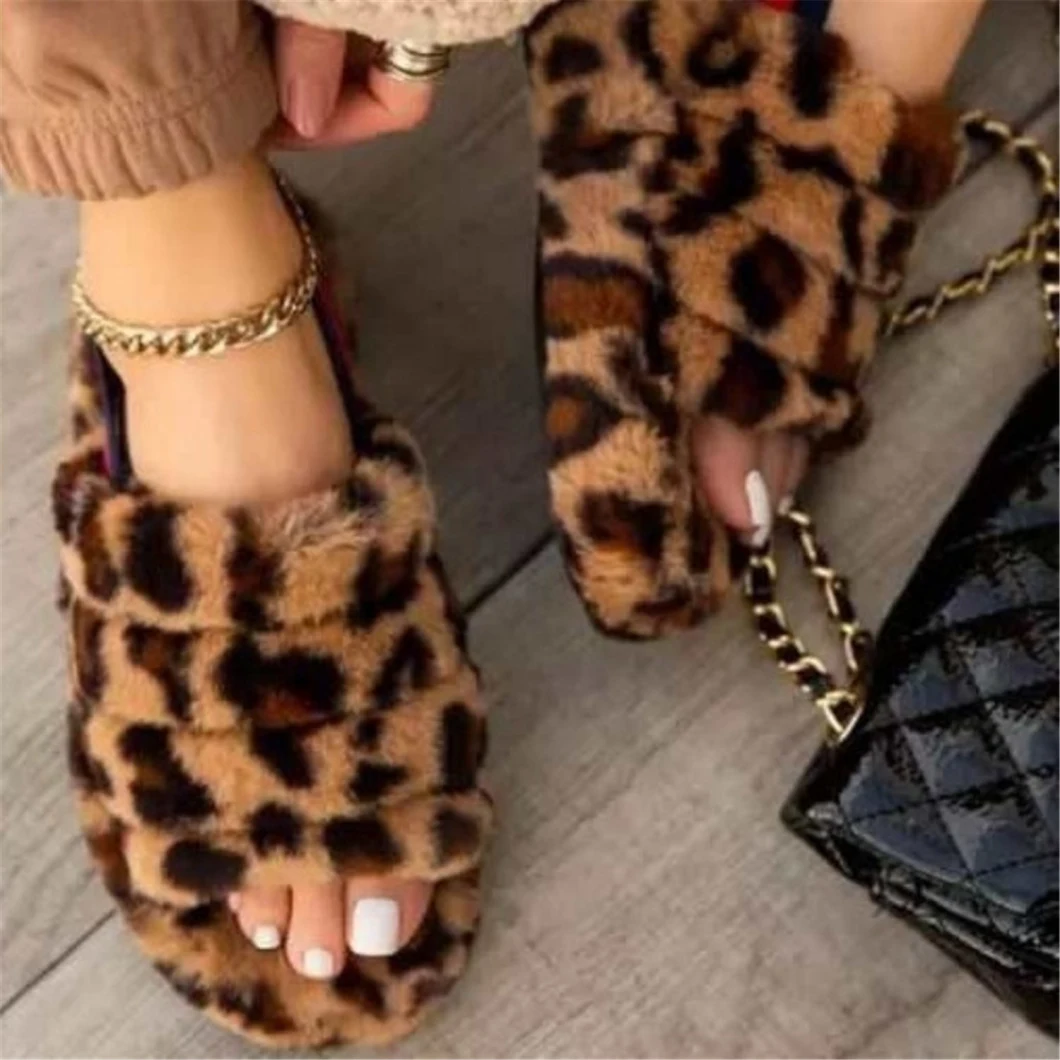 Wholesale Fur Slippers with Ankle Elastic Band Open Toe Winter Sandal