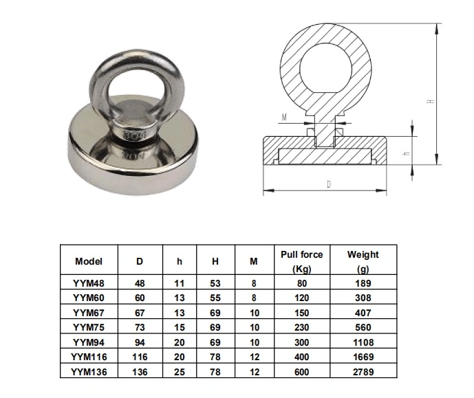 D67mm 150kg Pulling Force Super Strong Fishing Magnet with 20m Rope