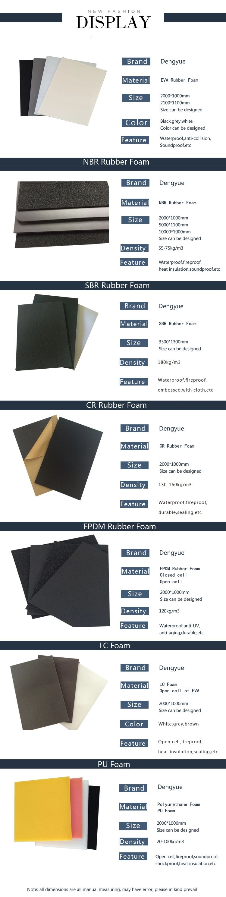 EVA/EPDM/NBR/CR Adhesive Foam Sheets Fire Proof Foam Water Absorbent Sheet