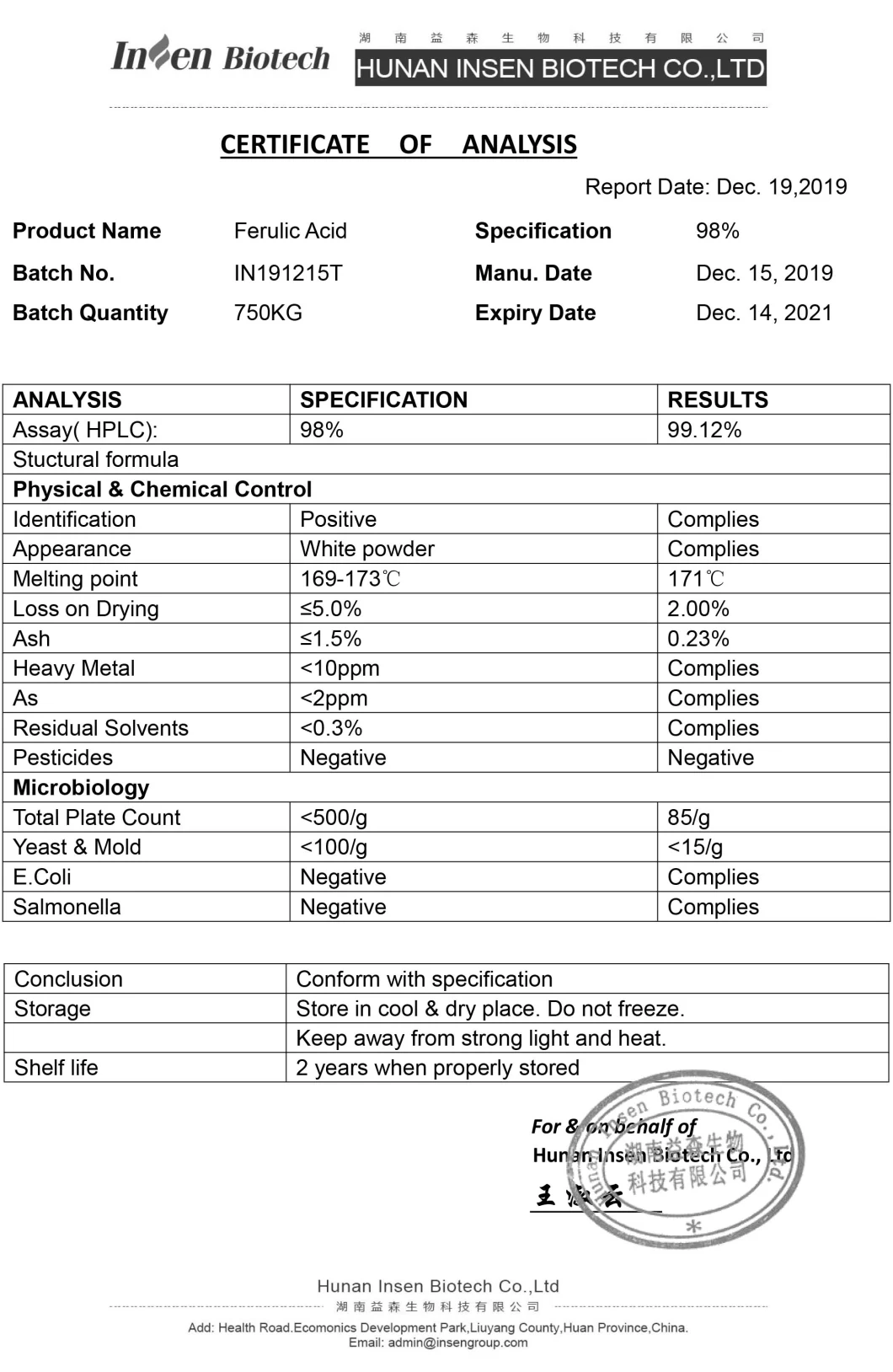 Supply Pharmaceutical Grade Powder Natural Ferulic Acid