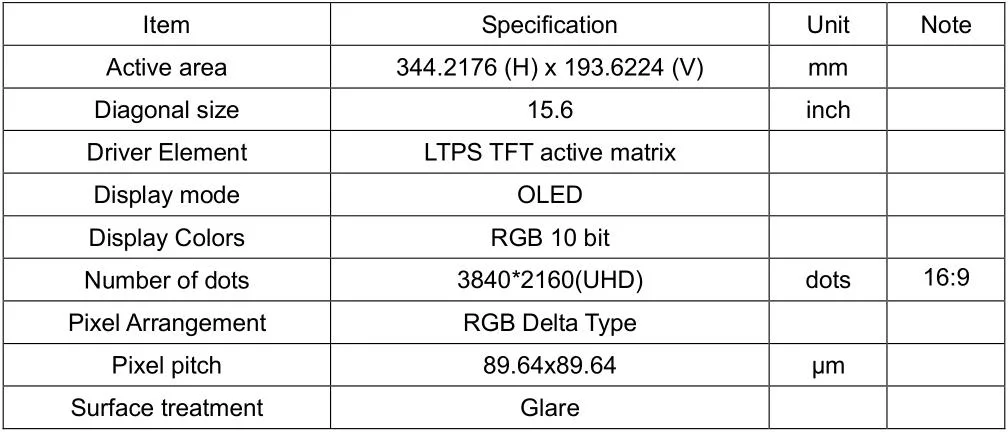 2160X3840 High Resolution 15.6 Inch Big Color OLED with RM98110 IC