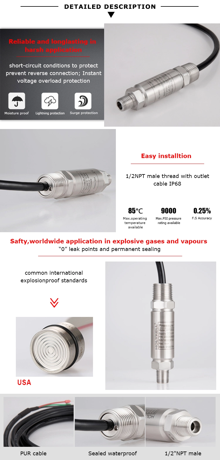 Analog Absolue Piezoresistive 4~20mA DC Liquids Oil Atex Explosion-Proof Pressure Sensor