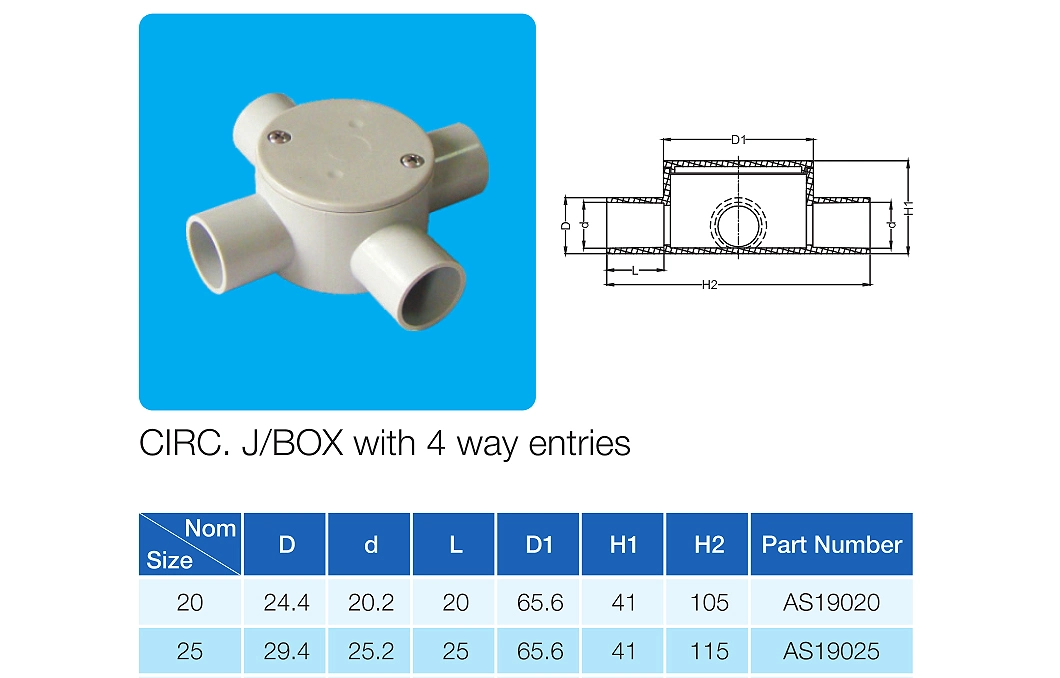 Junction Box with 4 Four Way Entries Circ. J/Box Electrical Box Asnzs2053 Australia Standard