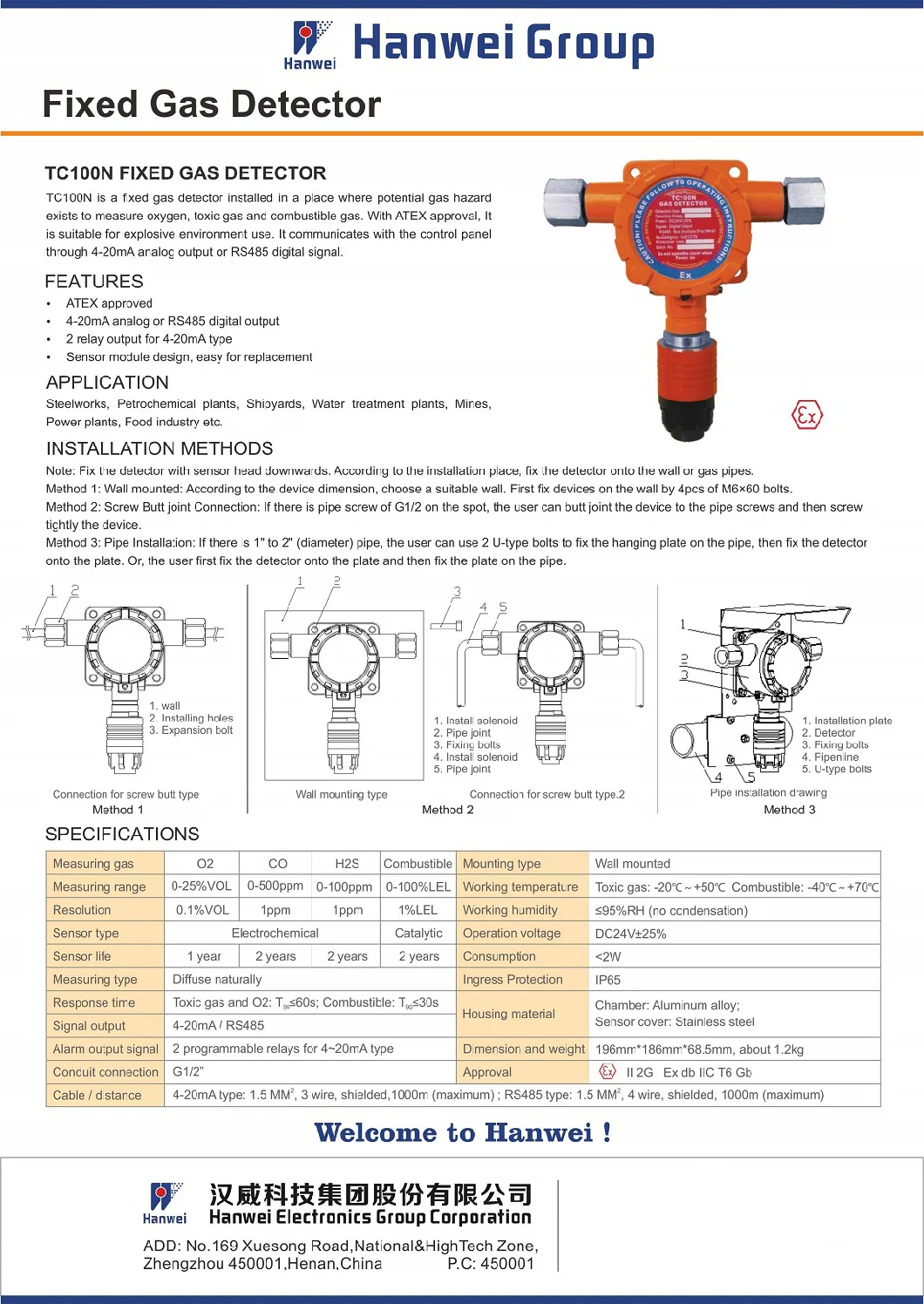 Wall Mounted 0-100%Lel Fixed H2 Gas Detector Atex Certified (TC100N)