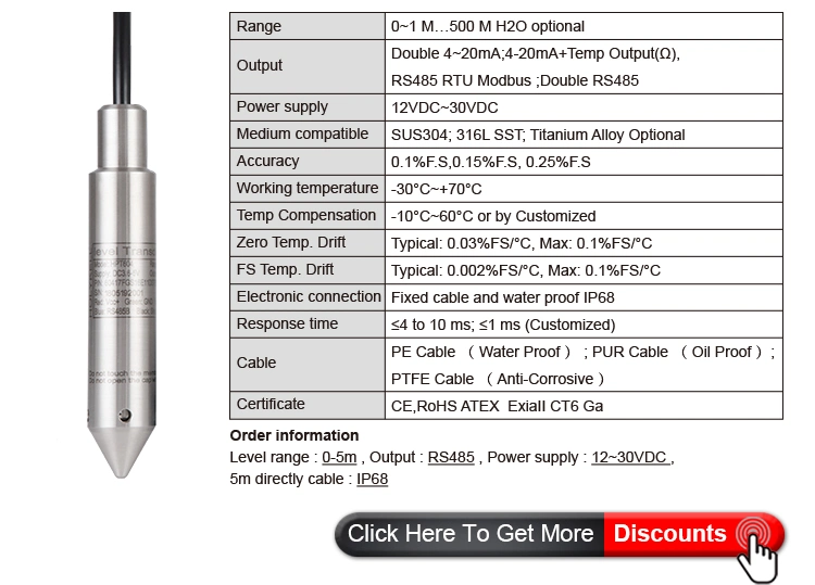 Analog and RS485 Modbus Low Cost Water Tank Level Sensor Submersible Fuel Level Sensor