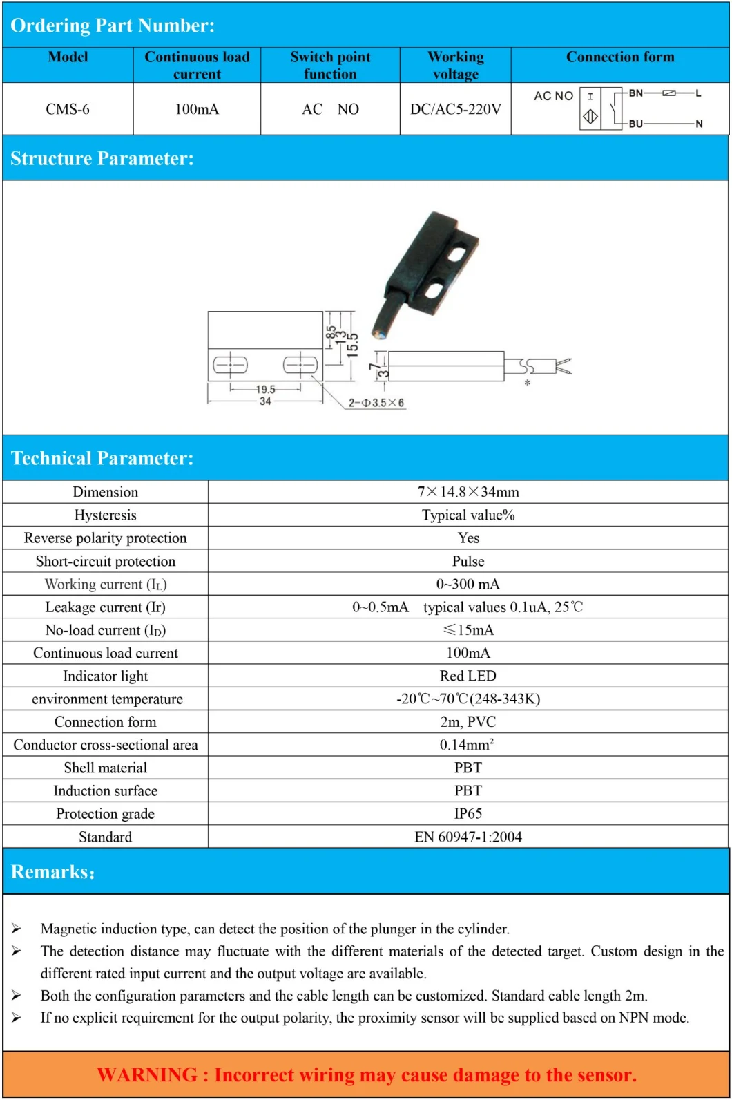 Magnetic Proximity Sensor Continuous Load Current 100mA DC/AC 5-220V