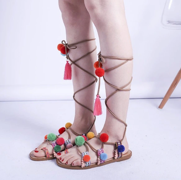 Lace-up POM POM Sandals - POM POM Gladiator Sandal- Boho Gypsy Style POM-POM Gladiator Sandals-Wholesale