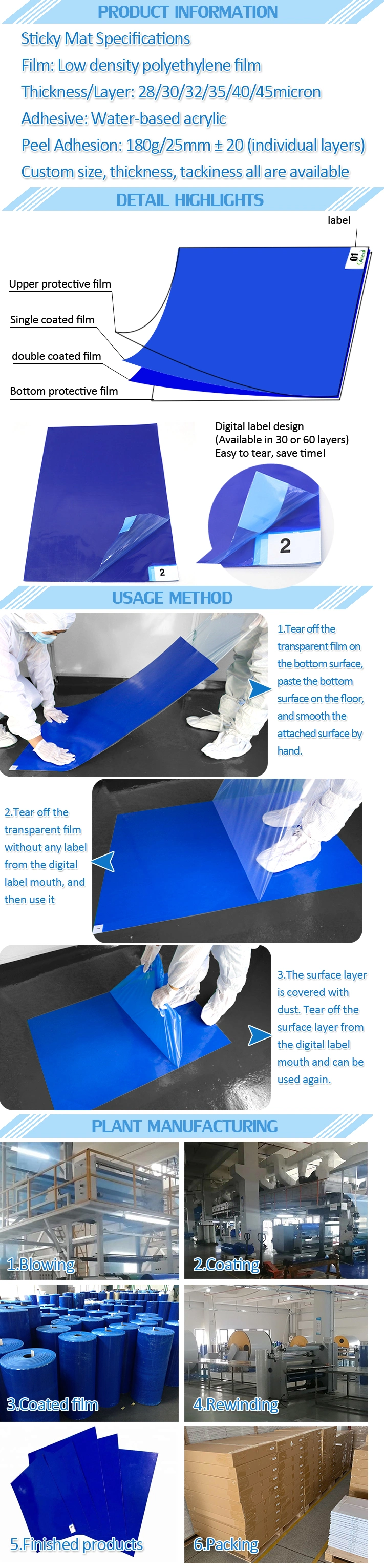 Best Sale 32 or 40 Micron 30 Sheets Blue PE Cleanroom Factory Use Sticky Door Mat