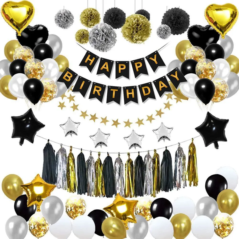 Happy Birthday Banner Black and Gold Birthday Bunting Stylish Decorations