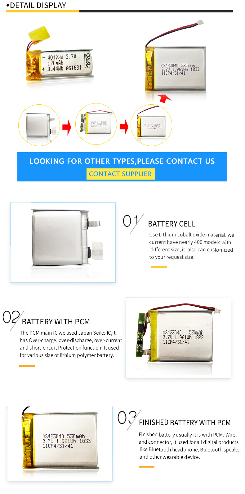 High Quality 652030 Li-ion Battery 3.7V 350mAh for Facial Massager Cosmetic Equipment