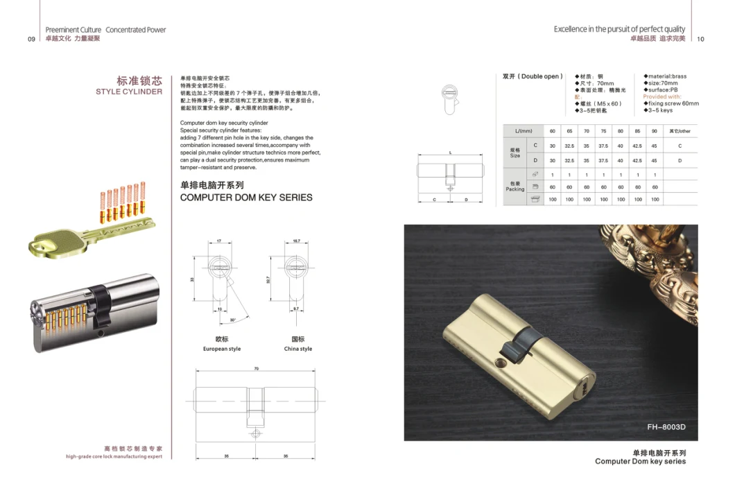 Security Mortise Rim Lock Cylinder with Keys (1A29FSB)