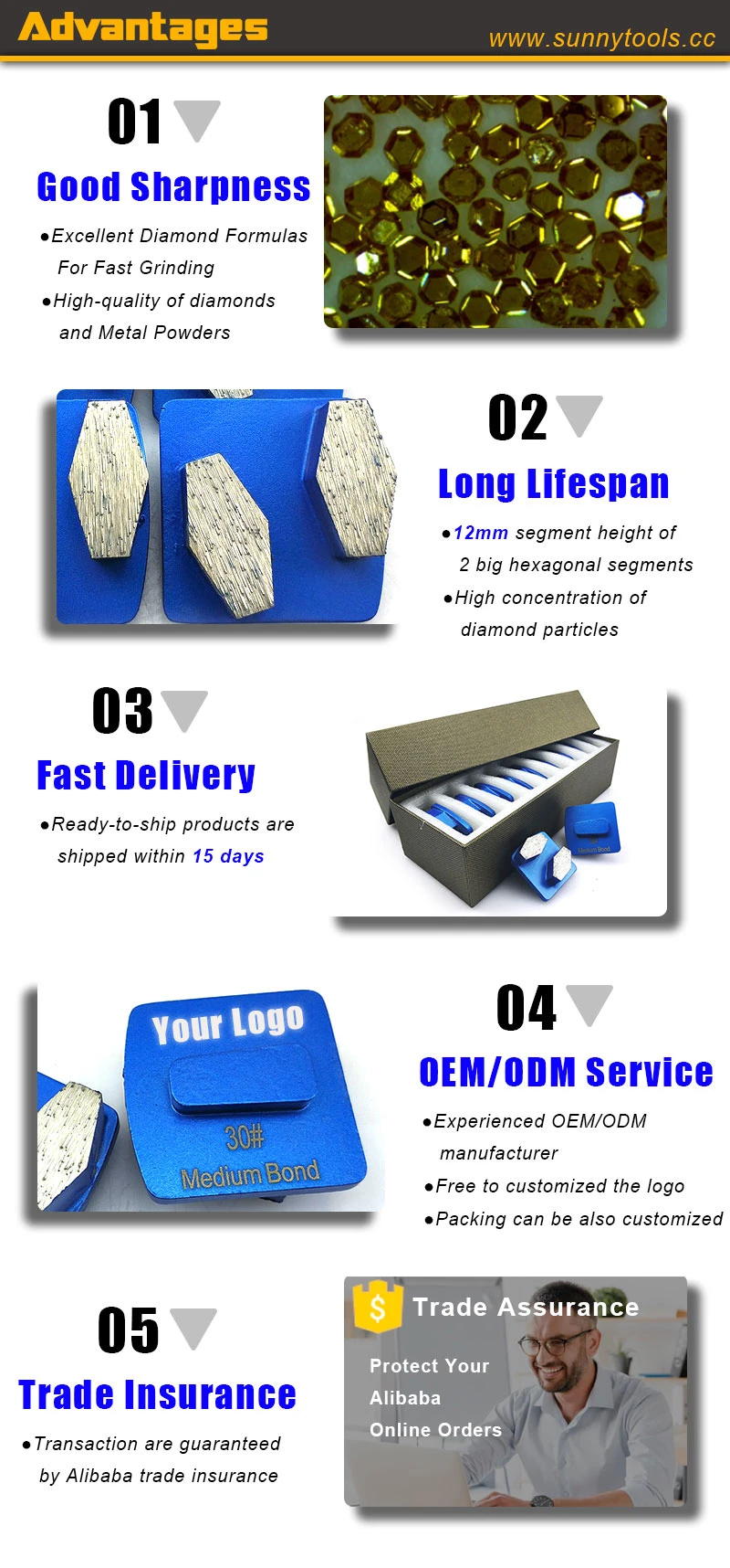 Husqvanar Redi Lock Qucikly Change Diamond Grinding Segment Disc for Concrete in Abrasive Tools.