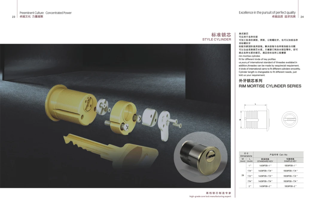 Security Mortise Rim Lock Cylinder with Keys (1A29FSB)