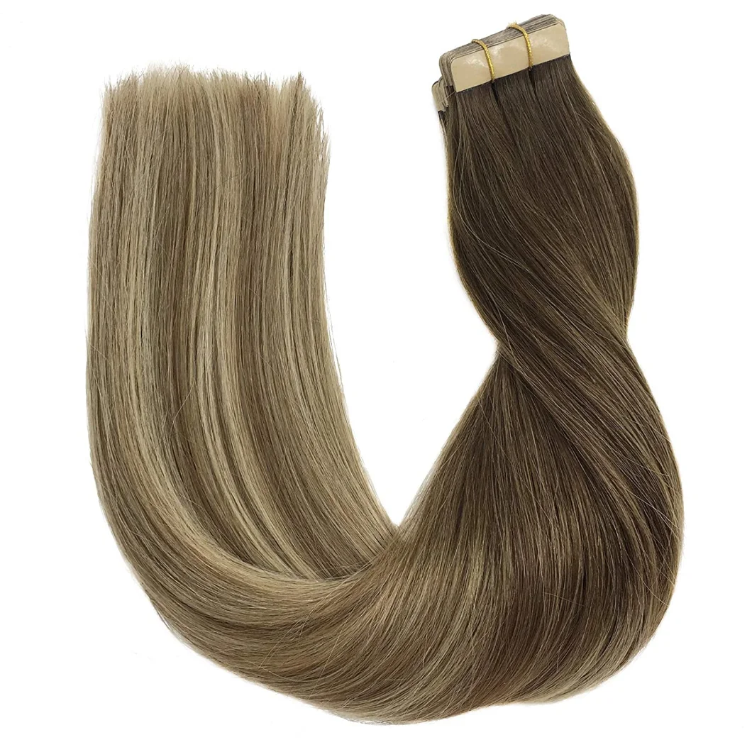 Human Hair Extensions Tape in 18 Inch Ombre Walnut Brown to Ash Brown and Bleach Blonde Real Human Hair Extensions 20PCS 50g Remy Tape in Hair Extensions Human