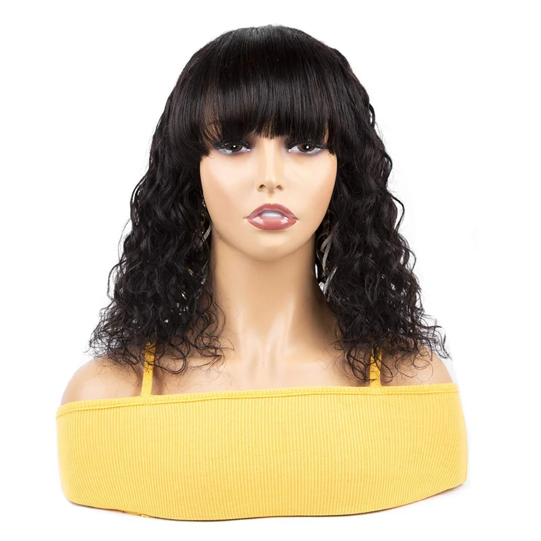 Water Wave Bob Wigs with Bangs No Lace Front Wigs Natural Black Color Water Wave Bob Human Hair Wigs with Bangs for Black Women