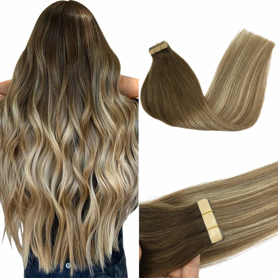 Human Hair Extensions Tape in 18 Inch Ombre Walnut Brown to Ash Brown and Bleach Blonde Real Human Hair Extensions 20PCS 50g Remy Tape in Hair Extensions Human