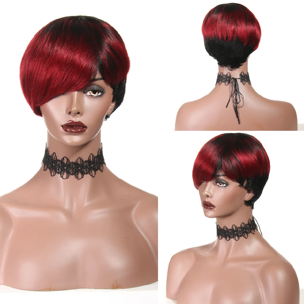 Short Human Hair Wigs for Black Women Straight 1b/Burgundy Color