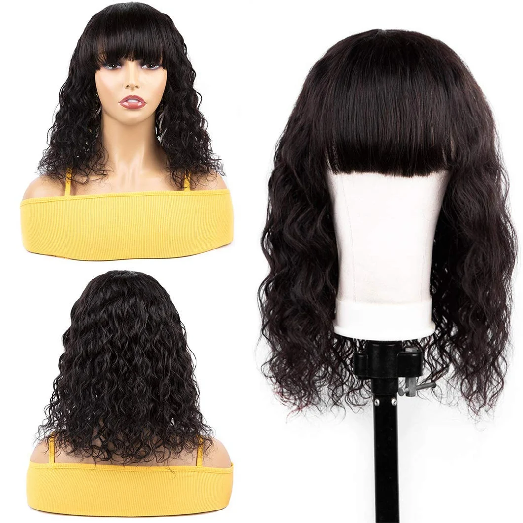 Water Wave Bob Wigs with Bangs No Lace Front Wigs Natural Black Color Water Wave Bob Human Hair Wigs with Bangs for Black Women